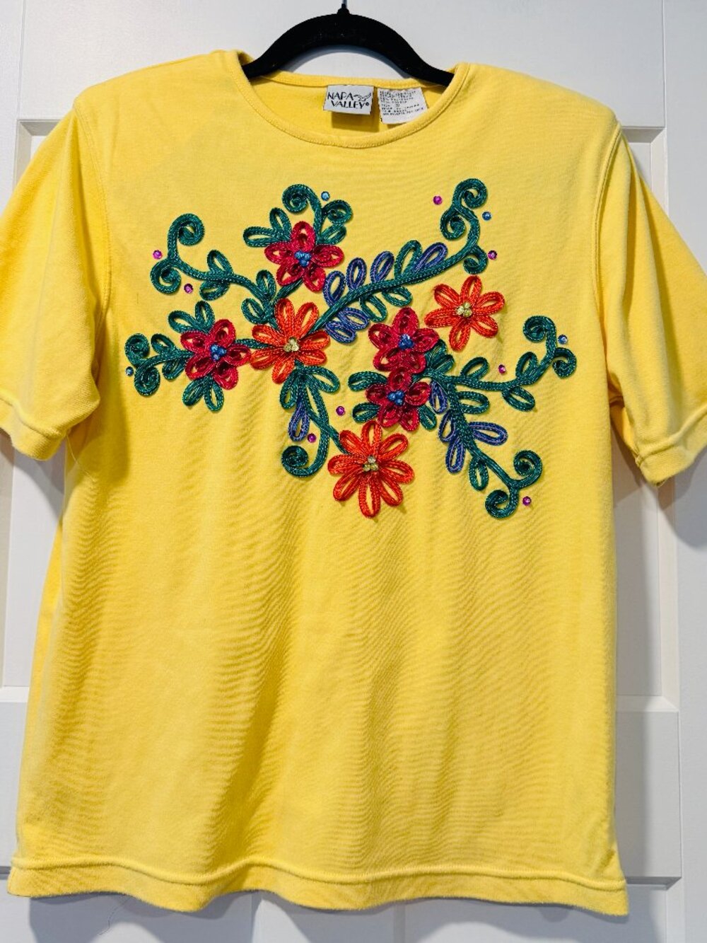 Vintage Napa Valley Floral Embroidered & Beaded Short-Sleeve Yellow Tee